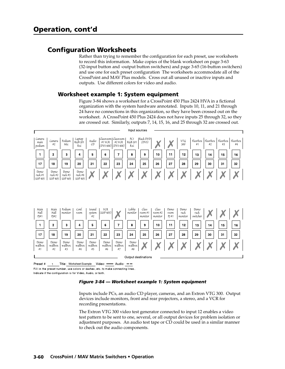 Configuration worksheets, Worksheet example 1: system equipment, Operation, cont’d | Extron electronic Ultra Series User Manual | Page 104 / 214