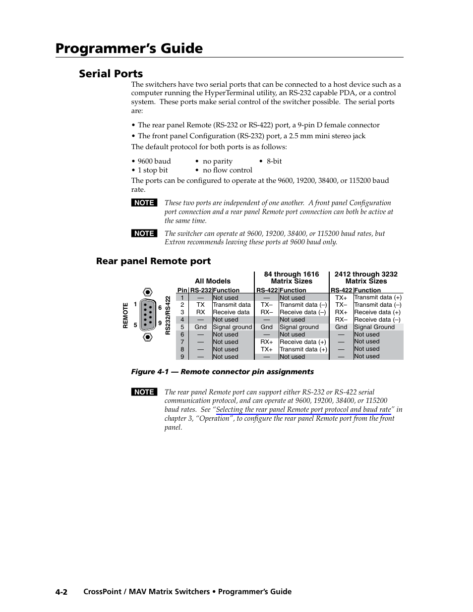 Serial ports, Rear panel remote port, Rear panel remote port -2 | Programmer’s guide | Extron electronic Ultra Series User Manual | Page 112 / 214