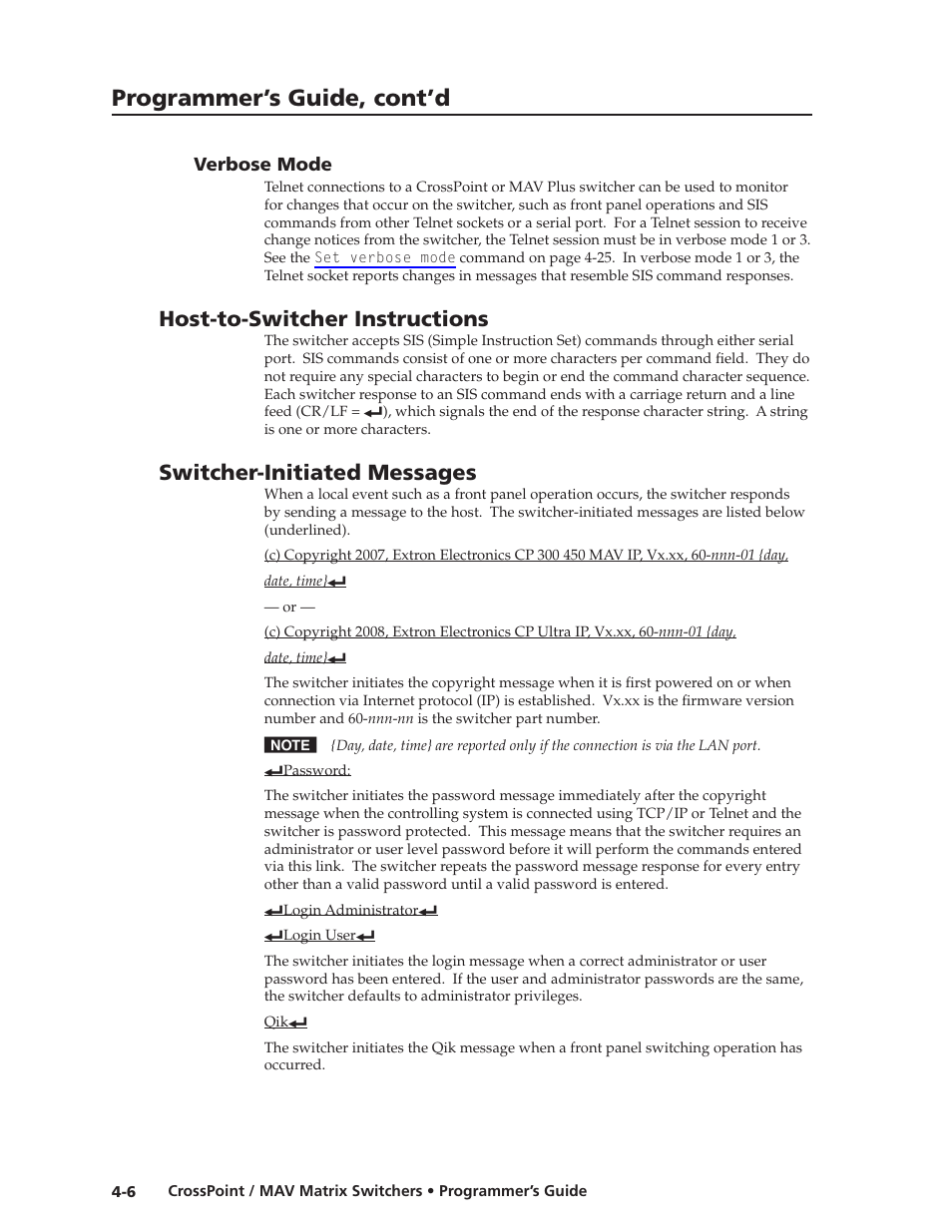 Verbose mode, Host-to-switcher instructions, Switcher-initiated messages | Verbose mode -6, Programmer’s guide, cont’d | Extron electronic Ultra Series User Manual | Page 116 / 214