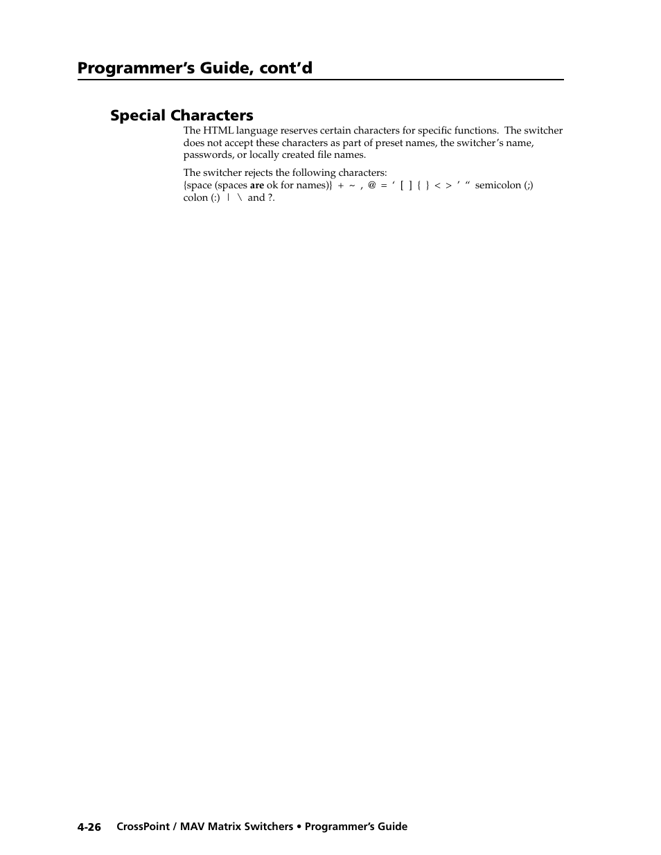 Special characters, Programmer’s guide, cont’d | Extron electronic Ultra Series User Manual | Page 136 / 214