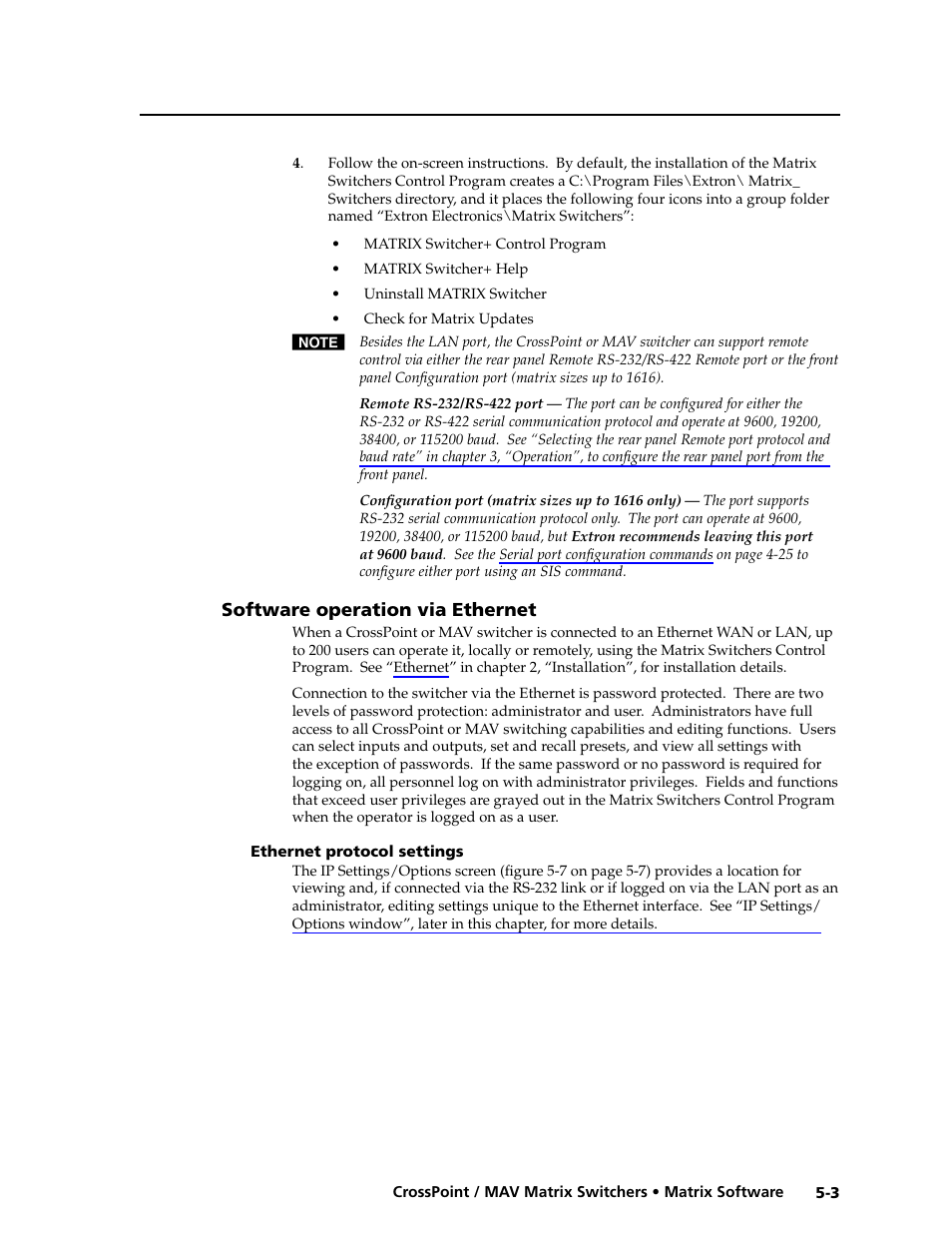 Software operation via ethernet, Ethernet protocol settings | Extron electronic Ultra Series User Manual | Page 139 / 214