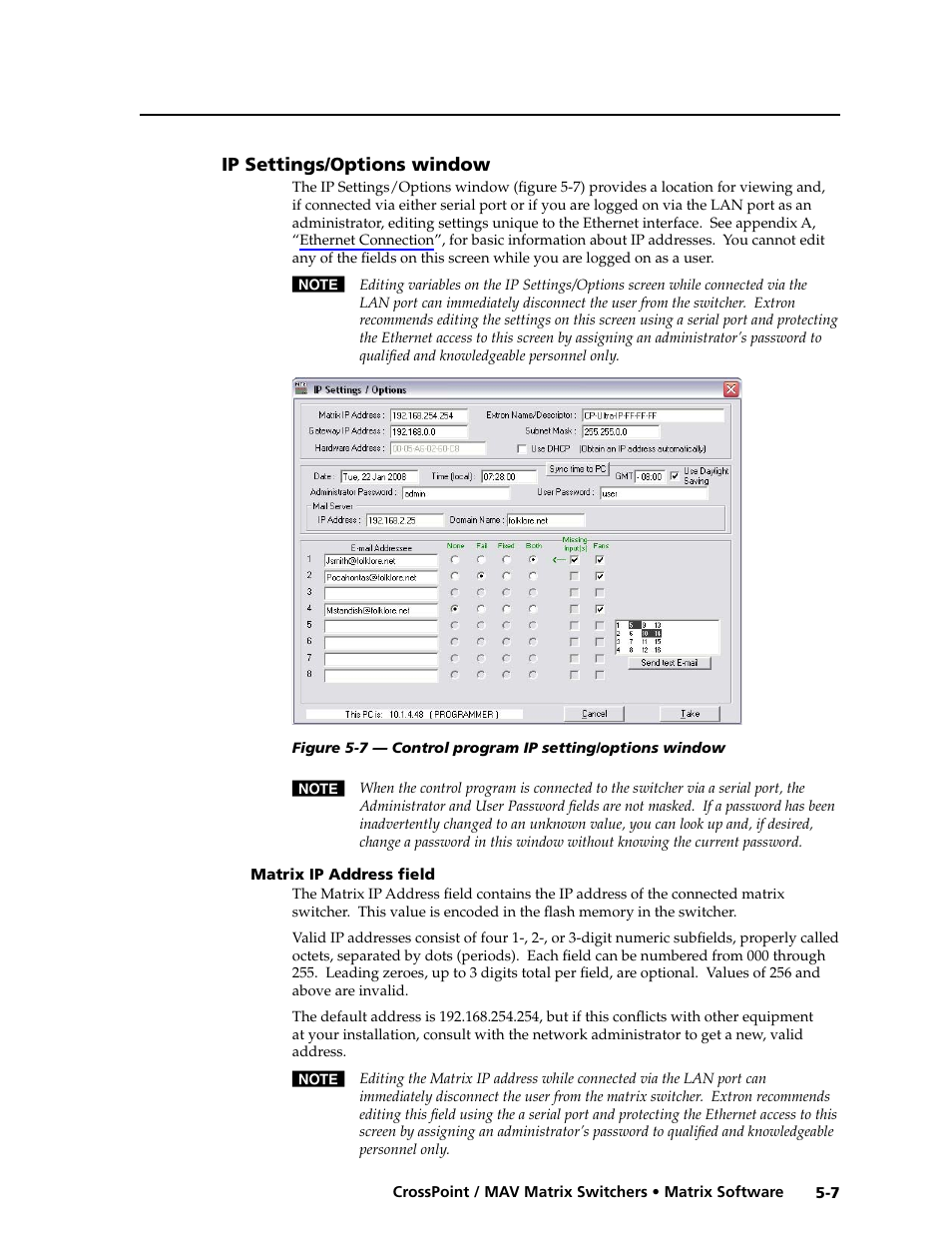 Ip settings/options window, Matrix ip address field | Extron electronic Ultra Series User Manual | Page 143 / 214