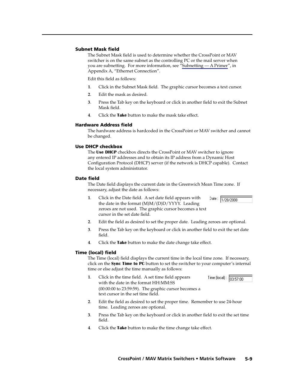 Subnet mask field, Hardware address field, Use dhcp checkbox | Date field, Time (local) field, Time (local) field | Extron electronic Ultra Series User Manual | Page 145 / 214