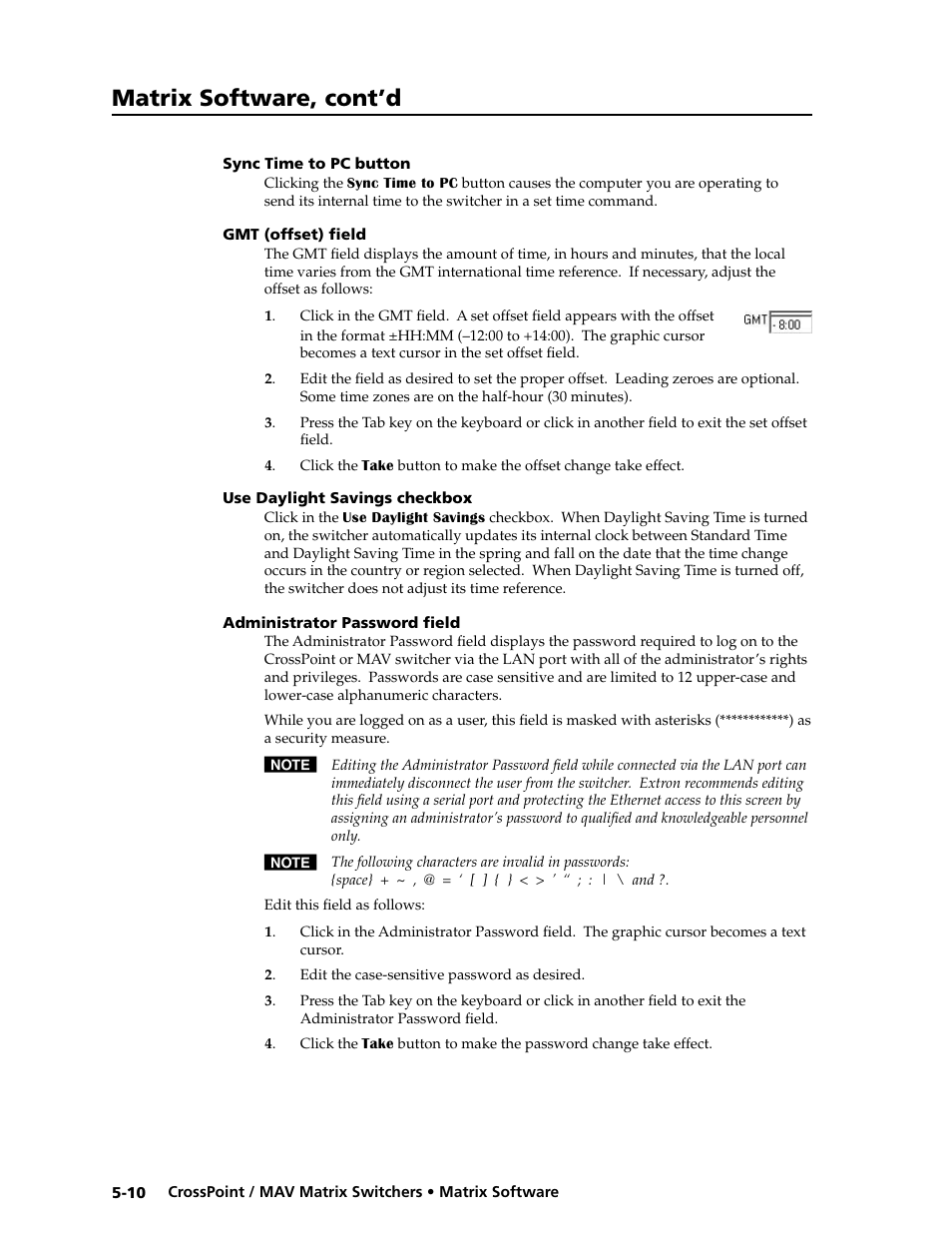 Sync time to pc button, Gmt (offset) field, Use daylight savings checkbox | Administrator password field, Matrix software, cont’d | Extron electronic Ultra Series User Manual | Page 146 / 214