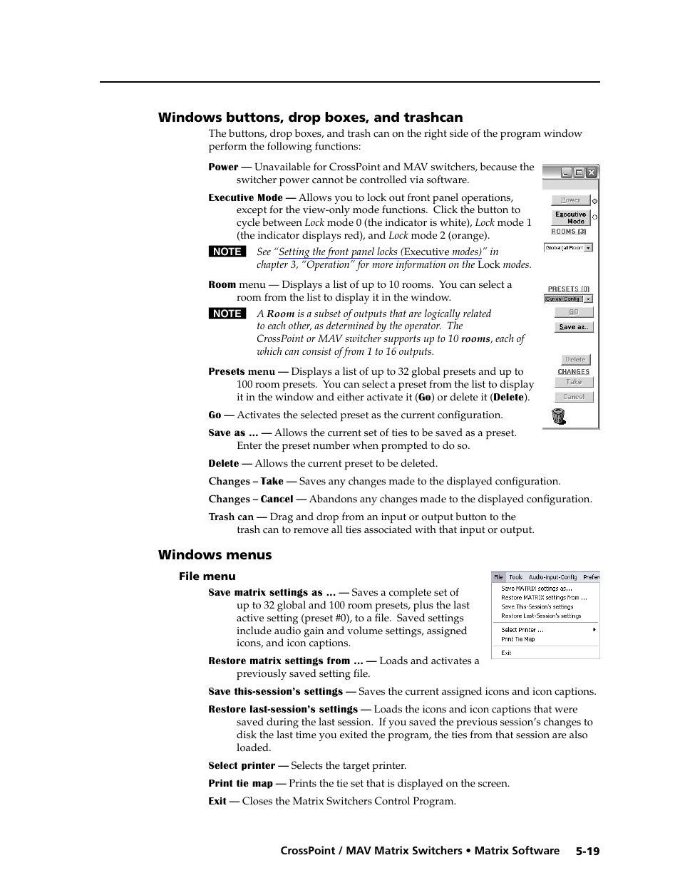 Windows buttons, drop boxes, and trashcan, Windows menus, File menu | Matrix ip address field -7, File, Save matrix, Settings as, Selection befor | Extron electronic Ultra Series User Manual | Page 155 / 214