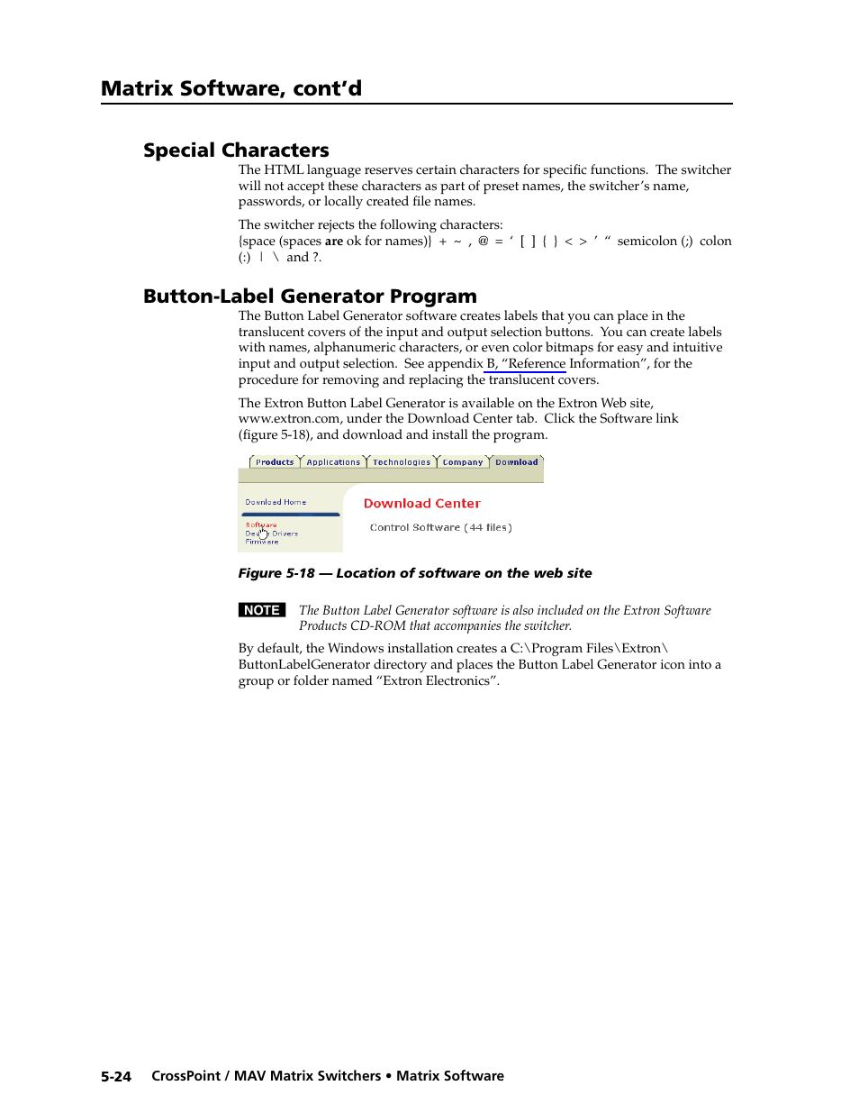 Special characters, Button-label generator program, Sync time to pc button -10 | Matrix software, cont’d | Extron electronic Ultra Series User Manual | Page 160 / 214