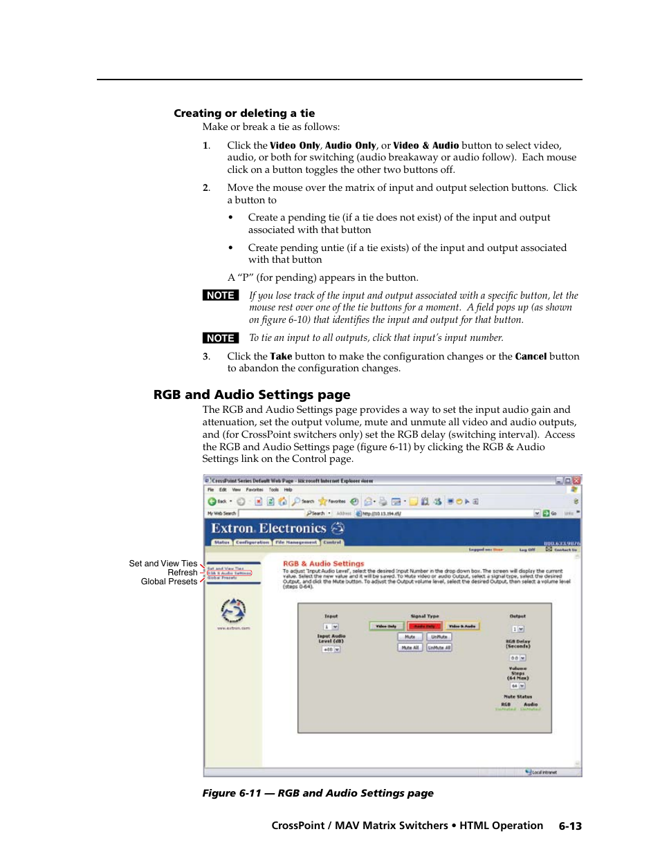 Creating or deleting a tie, Chapter six • html operation, Html operation | Extron electronic Ultra Series User Manual | Page 175 / 214