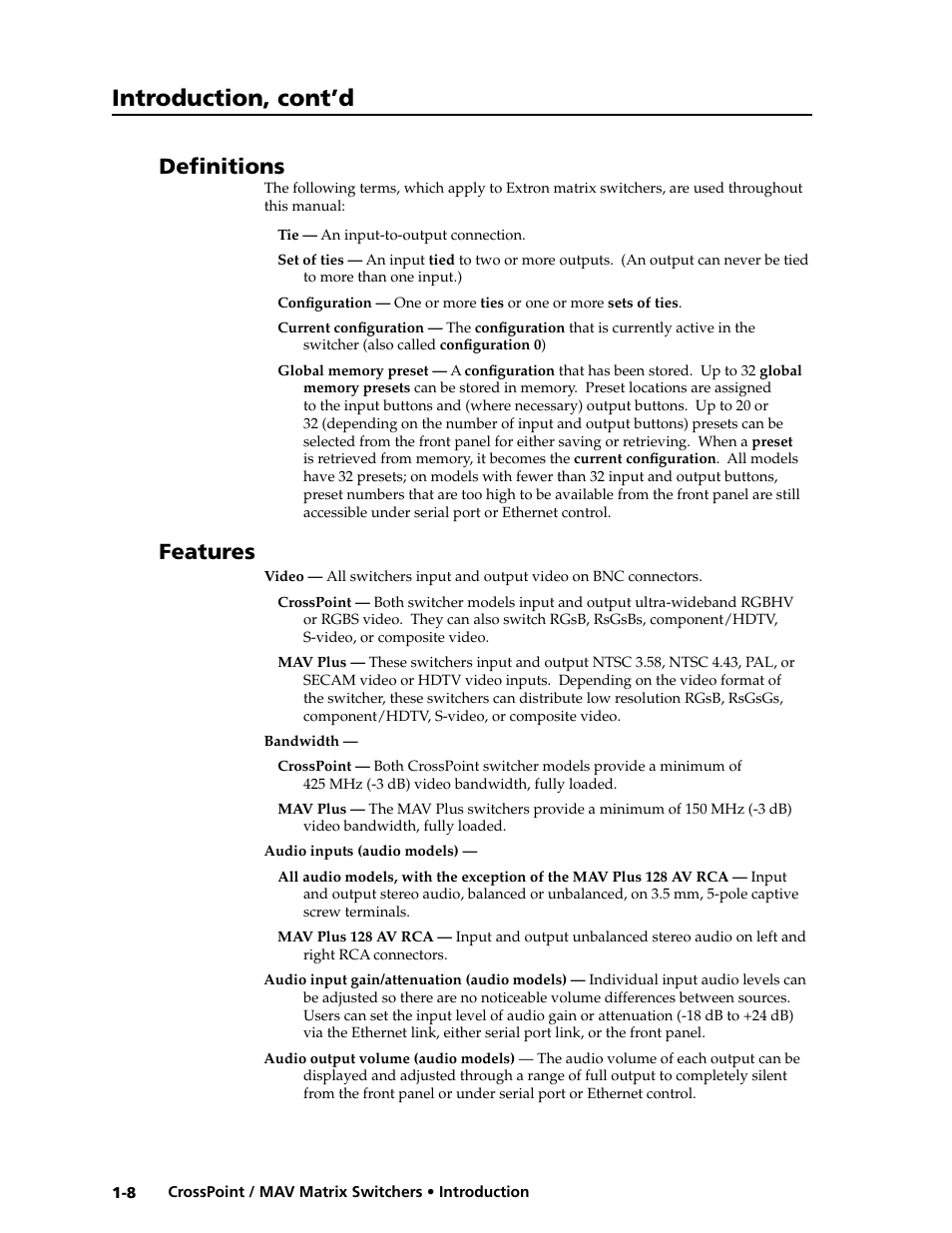 Definitions, Features, Chapter two • installation | Introduction, cont’d | Extron electronic Ultra Series User Manual | Page 18 / 214