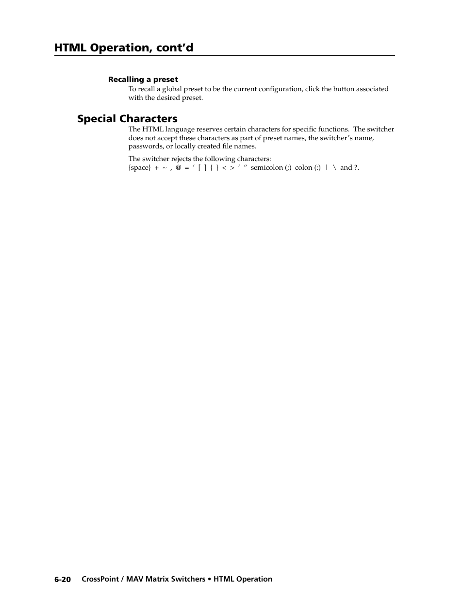 Recalling a preset, Special characters, Configuration tab | Html operation, cont’d | Extron electronic Ultra Series User Manual | Page 182 / 214