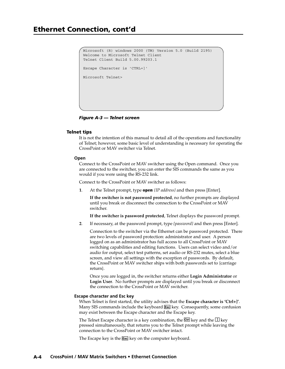 Telnet tips, Open, Escape character and esc key | Mail ip address field -9, Ethernet connection, cont’d | Extron electronic Ultra Series User Manual | Page 186 / 214