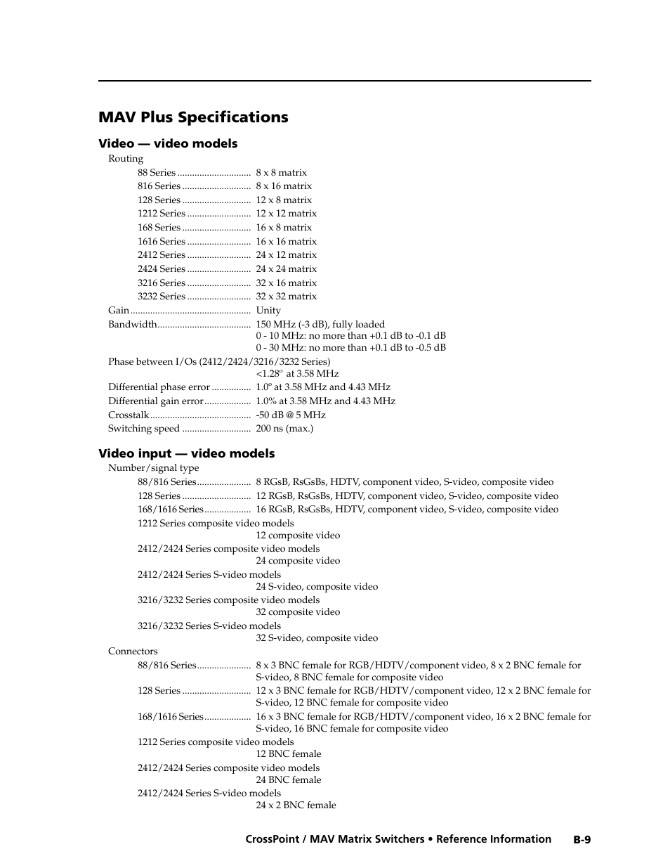 Mav plus specifications | Extron electronic Ultra Series User Manual | Page 199 / 214