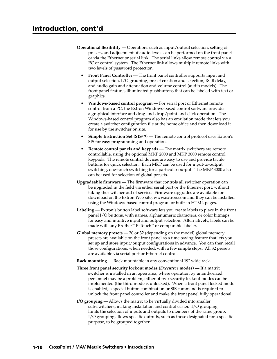 Introduction, cont’d | Extron electronic Ultra Series User Manual | Page 20 / 214