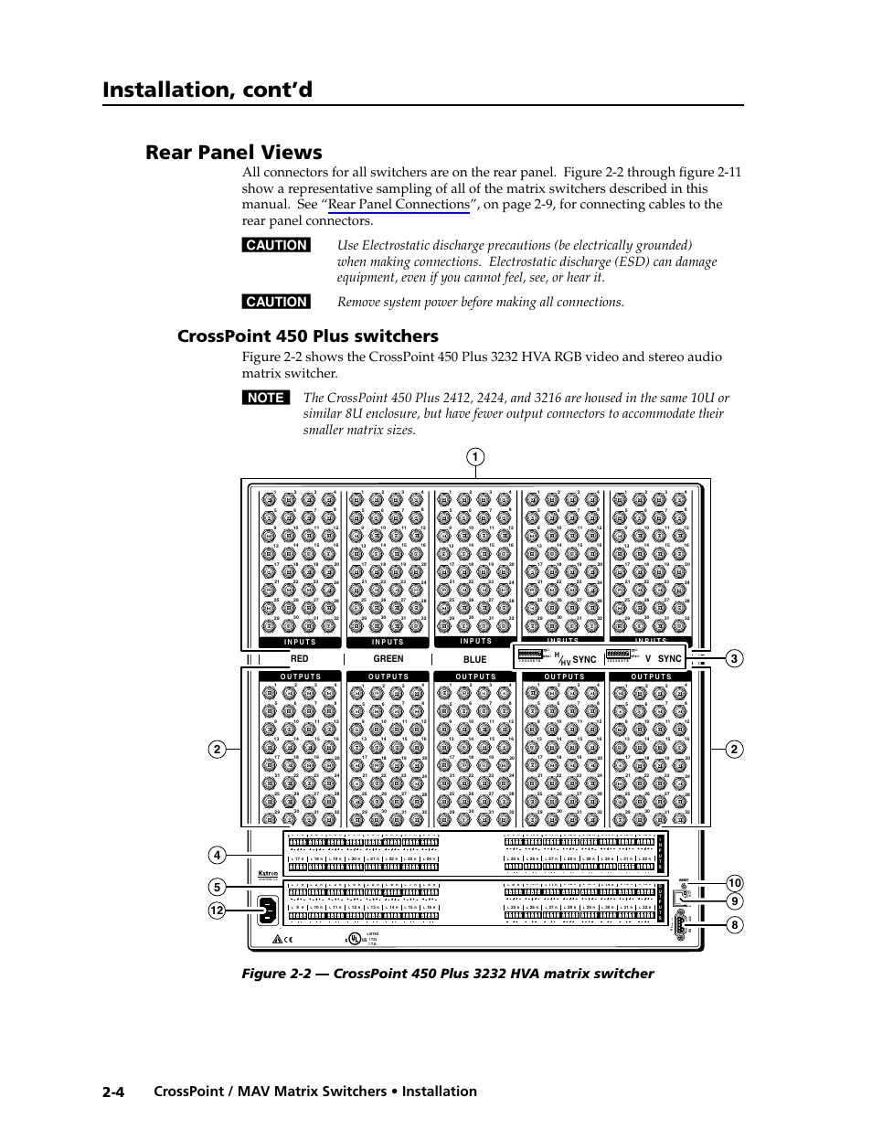 Rear panel views, Crosspoint 450 plus switchers, Rear panel connections | Video input and output (video switchers) -9, Installation, cont’d, Red green blue sync v sync | Extron electronic Ultra Series User Manual | Page 26 / 214