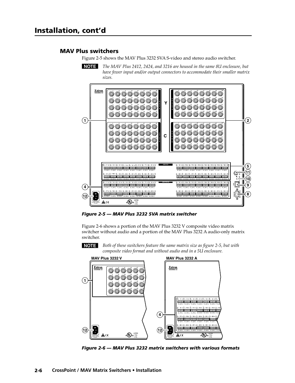 Mav plus switchers, Video (mav plus switchers) -11, Installation, cont’d | Mav plus 3232 a | Extron electronic Ultra Series User Manual | Page 28 / 214