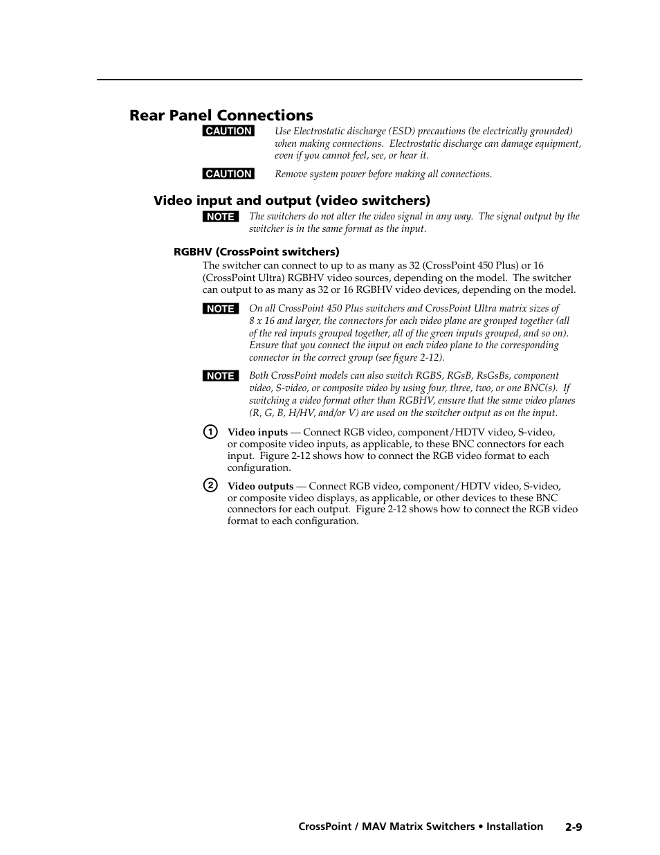 Rear panel connections, Video input and output (video switchers), Rgbhv (crosspoint switchers) | Audio input and output (audio models) -14 | Extron electronic Ultra Series User Manual | Page 31 / 214