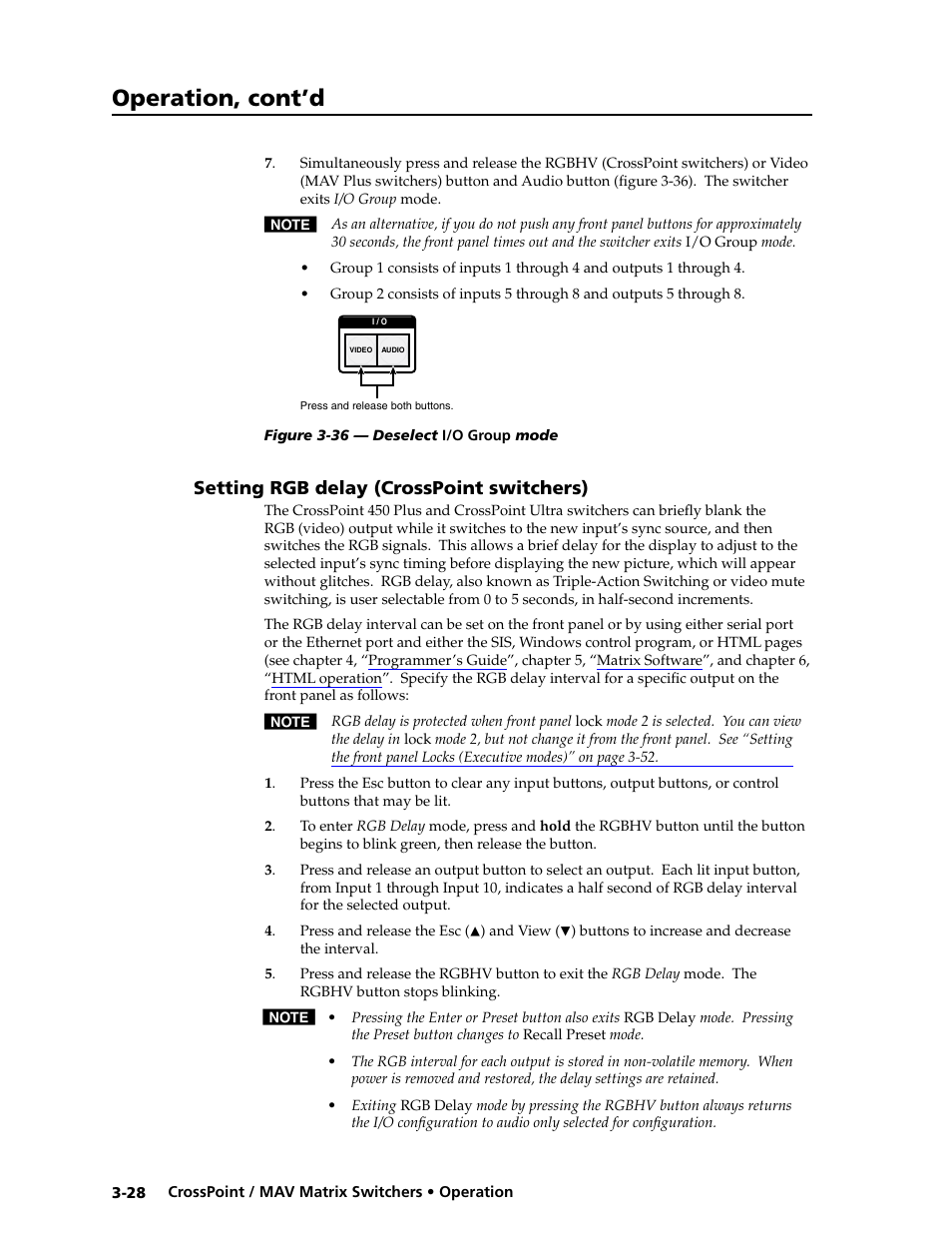 Setting rgb delay (crosspoint switchers), Rgb delay, Setting the rgb delay | Operation, cont’d | Extron electronic Ultra Series User Manual | Page 72 / 214