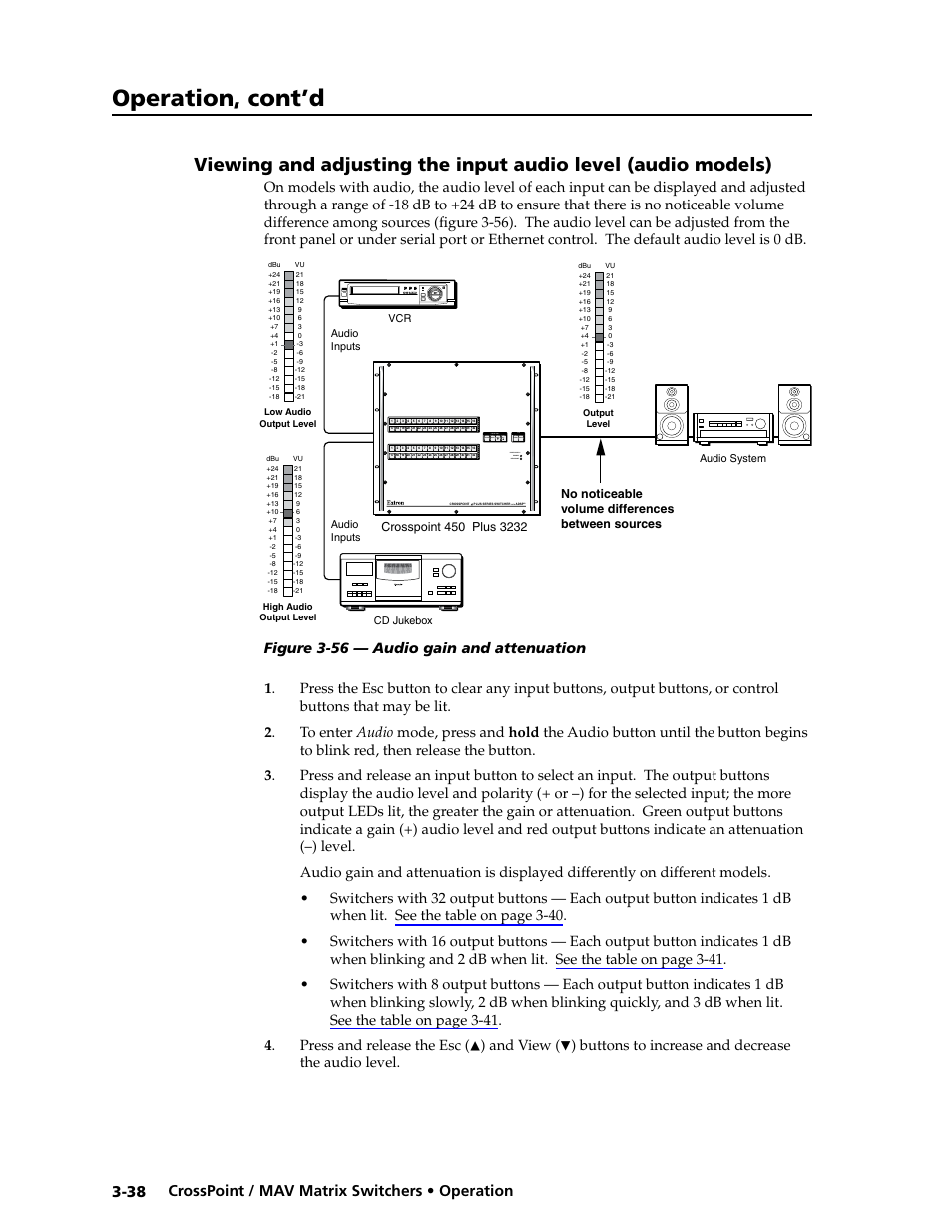 Performing a system reset from the front panel -53, Input audio, Level | Ease input level, Viewing and adjusting the input audio level, Operation, cont’d, Crosspoint / mav matrix switchers • operation 3-38, Power supply primary redundant, With, And view | Extron electronic Ultra Series User Manual | Page 82 / 214