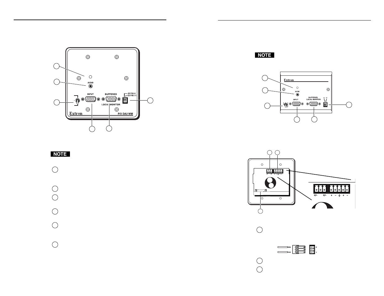 Controls and installation, Front and rear panels, Rear connectors | Front faceplate | Extron Electronics P-2 DA2 WM_EC and AAP User Manual | Page 6 / 17