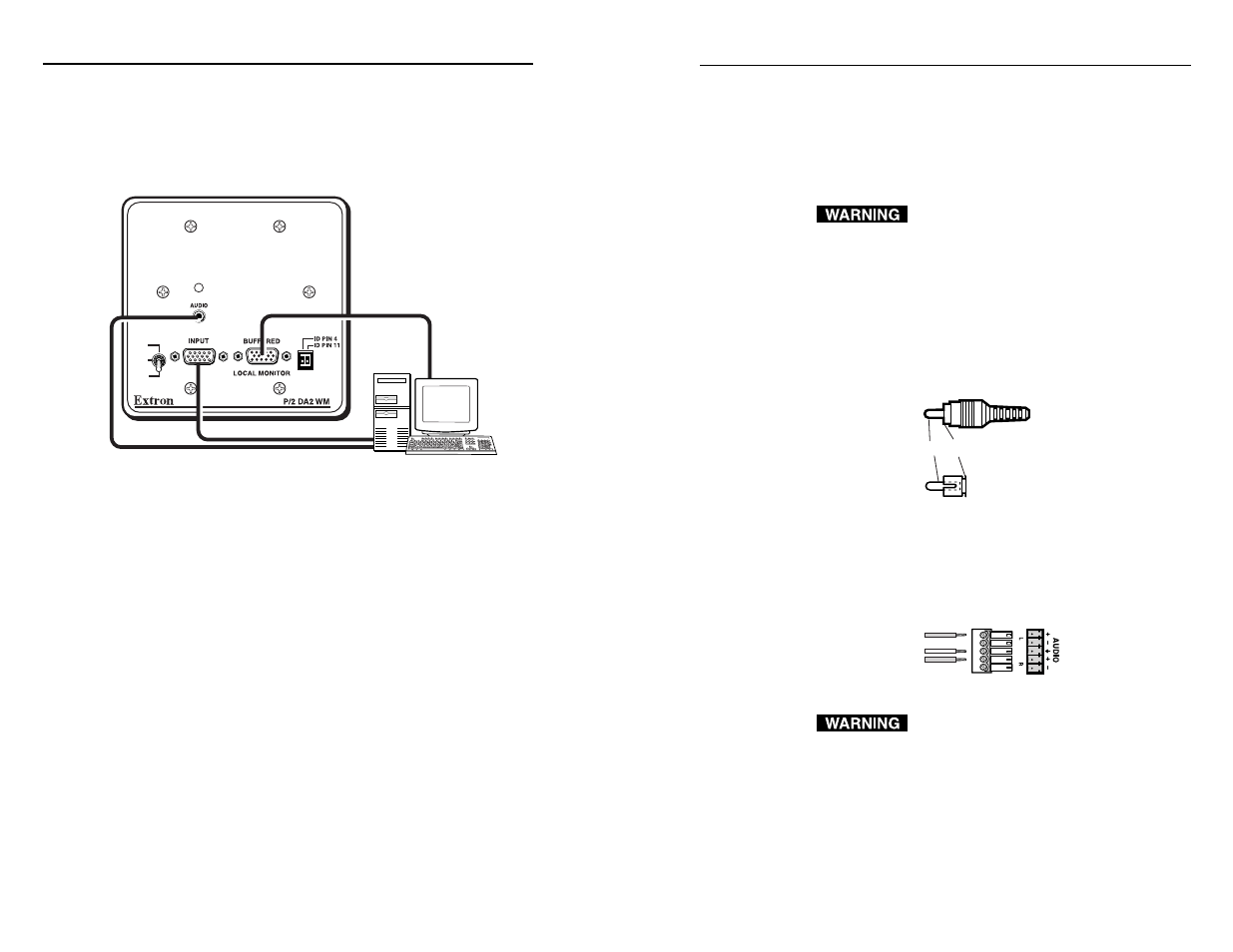 Controls and installation, cont’d, Connecting audio output, Cabling | Extron Electronics P-2 DA2 WM_EC and AAP User Manual | Page 8 / 17