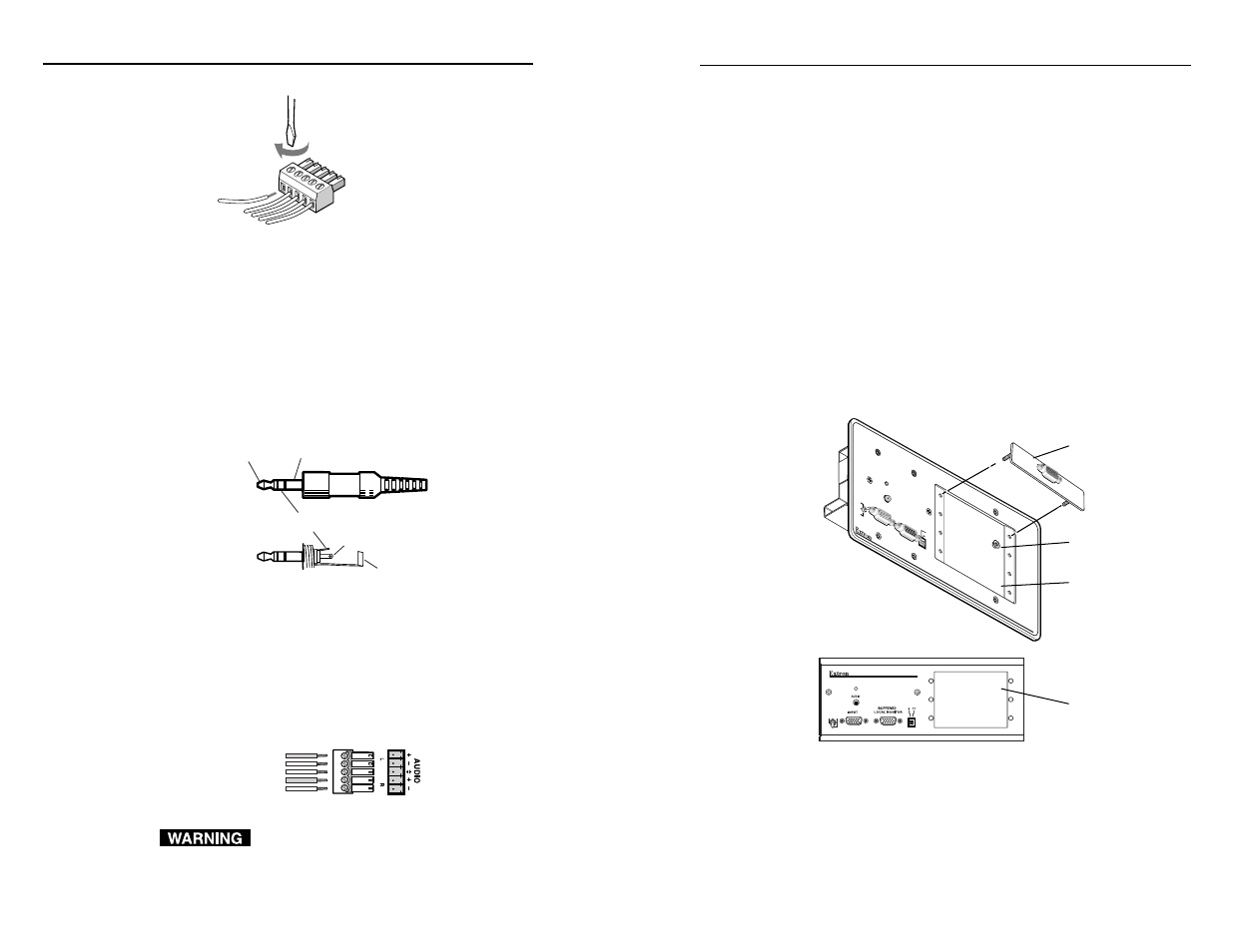 Controls and installation, cont’d, Installing architectural adapter plates, P/2 da2 wm/ec controls and installation | P/2 da2 wm/ec controls and installation 2-9, Figure 2-7 — installing adapter plates, Figure 2-6 — fastening captive screws | Extron Electronics P-2 DA2 WM_EC and AAP User Manual | Page 9 / 17