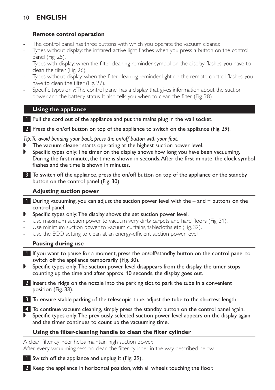 Remote control operation, Using the appliance, Adjusting suction power | Pausing during use | Philips FC9252 User Manual | Page 10 / 180
