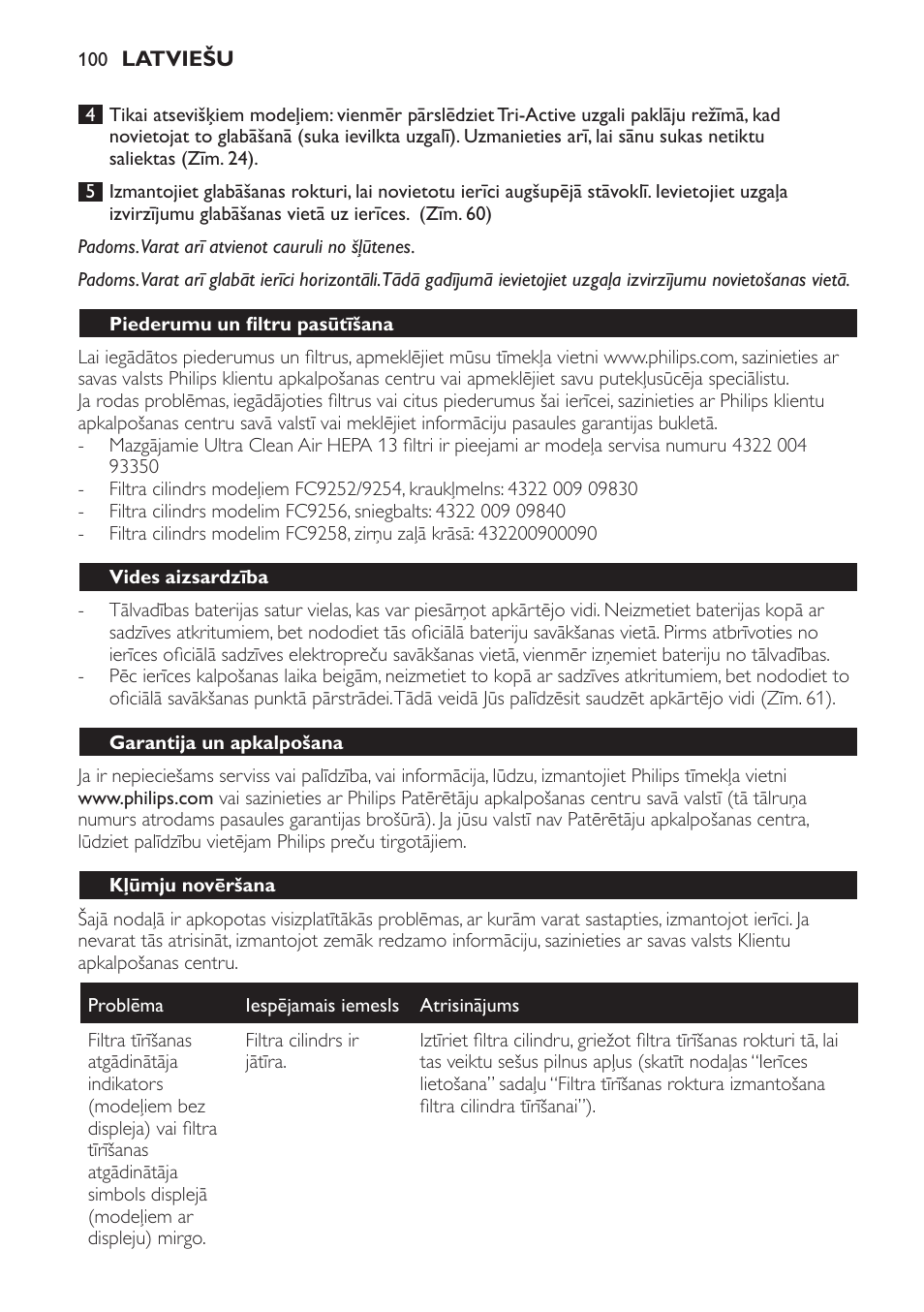 Piederumu un filtru pasūtīšana, Vides aizsardzība, Garantija un apkalpošana | Kļūmju novēršana | Philips FC9252 User Manual | Page 100 / 180