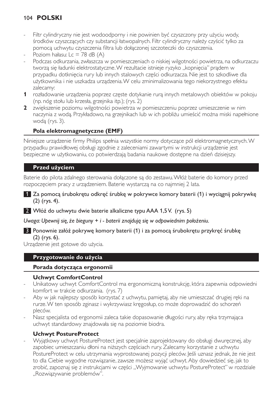 Pola elektromagnetyczne (emf), Przed użyciem, Przygotowanie do użycia | Porada dotycząca ergonomii, Uchwyt comfortcontrol, Uchwyt postureprotect | Philips FC9252 User Manual | Page 104 / 180