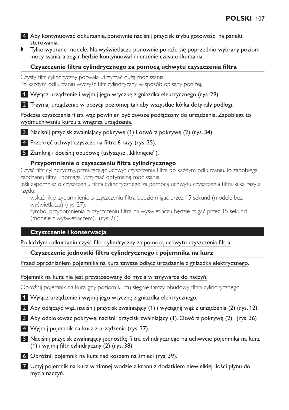 Przypomnienie o czyszczeniu filtra cylindrycznego, Czyszczenie i konserwacja | Philips FC9252 User Manual | Page 107 / 180