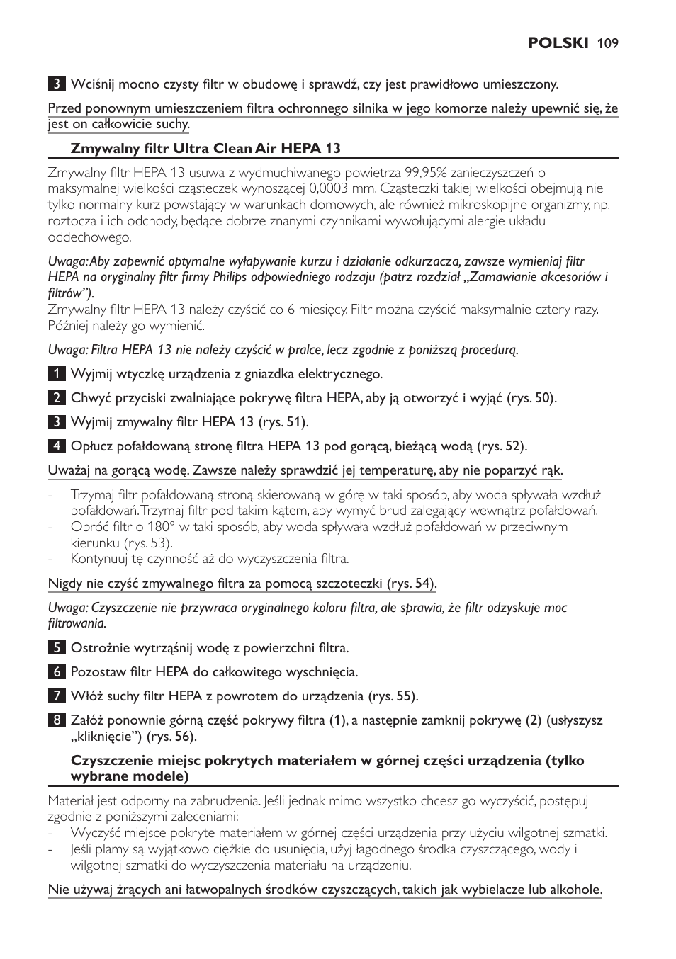 Zmywalny filtr ultra clean air hepa 13 | Philips FC9252 User Manual | Page 109 / 180