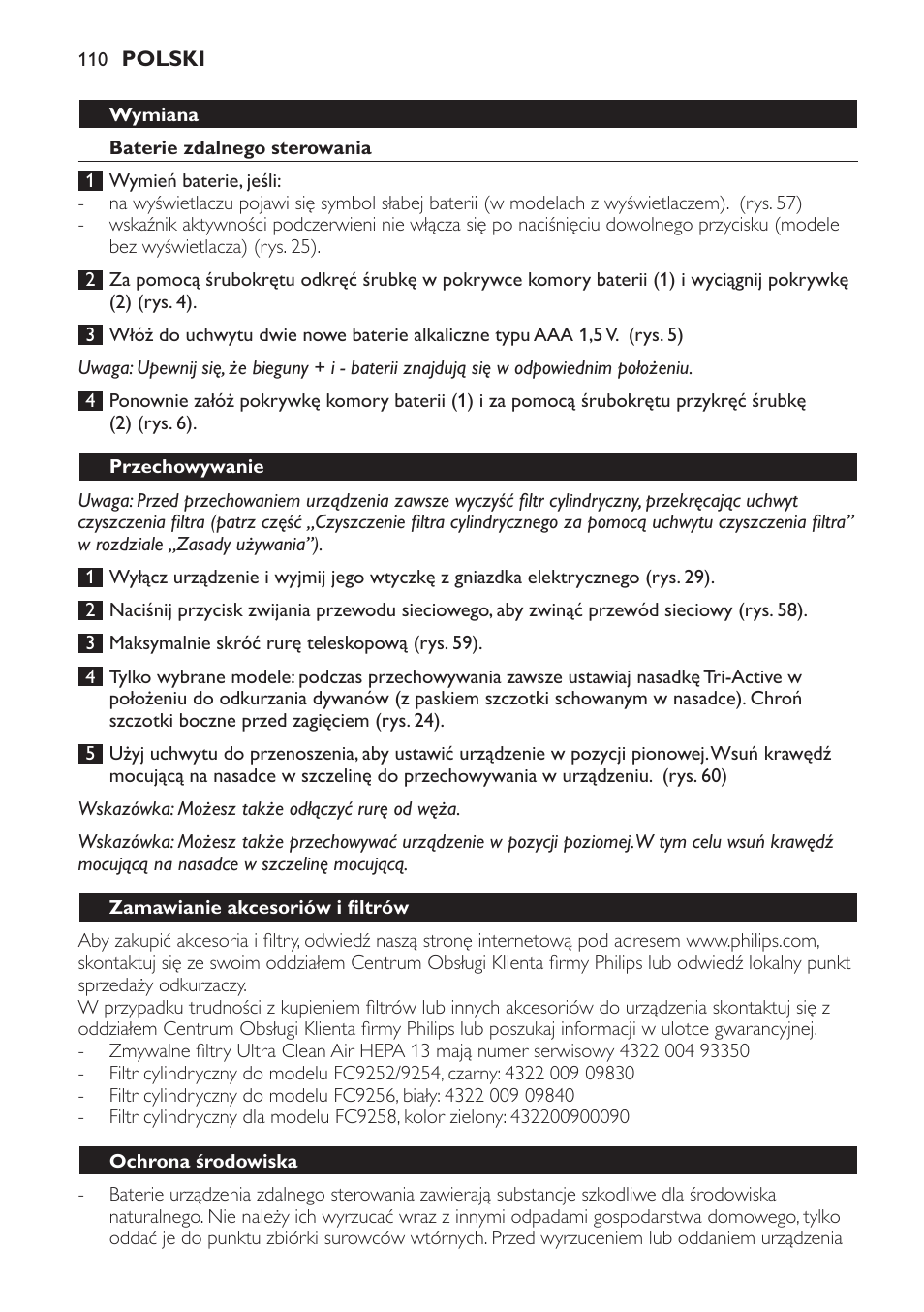 Wymiana, Baterie zdalnego sterowania, Przechowywanie | Zamawianie akcesoriów i filtrów, Ochrona środowiska | Philips FC9252 User Manual | Page 110 / 180