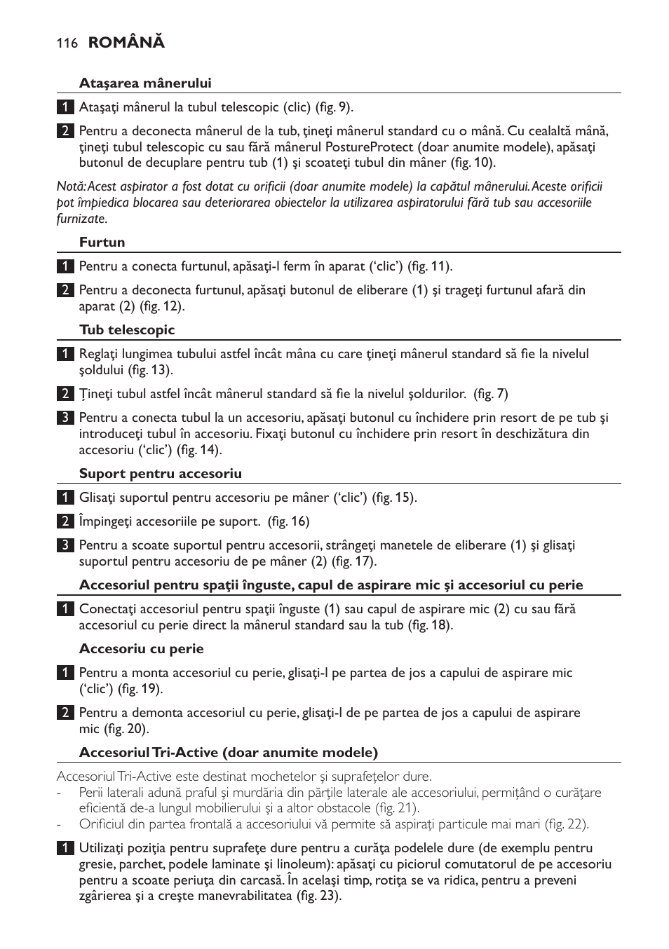 Ataşarea mânerului, Furtun, Tub telescopic | Suport pentru accesoriu, Accesoriu cu perie, Accesoriul tri-active (doar anumite modele) | Philips FC9252 User Manual | Page 116 / 180