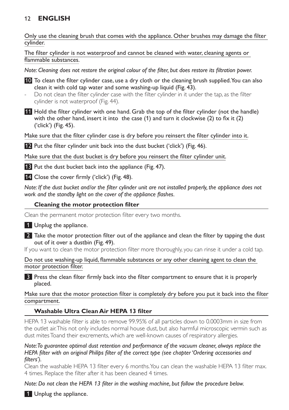 Cleaning the motor protection filter, Washable ultra clean air hepa 13 filter | Philips FC9252 User Manual | Page 12 / 180