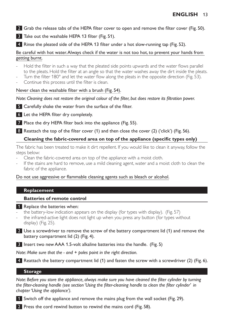 Replacement, Batteries of remote control, Storage | Philips FC9252 User Manual | Page 13 / 180