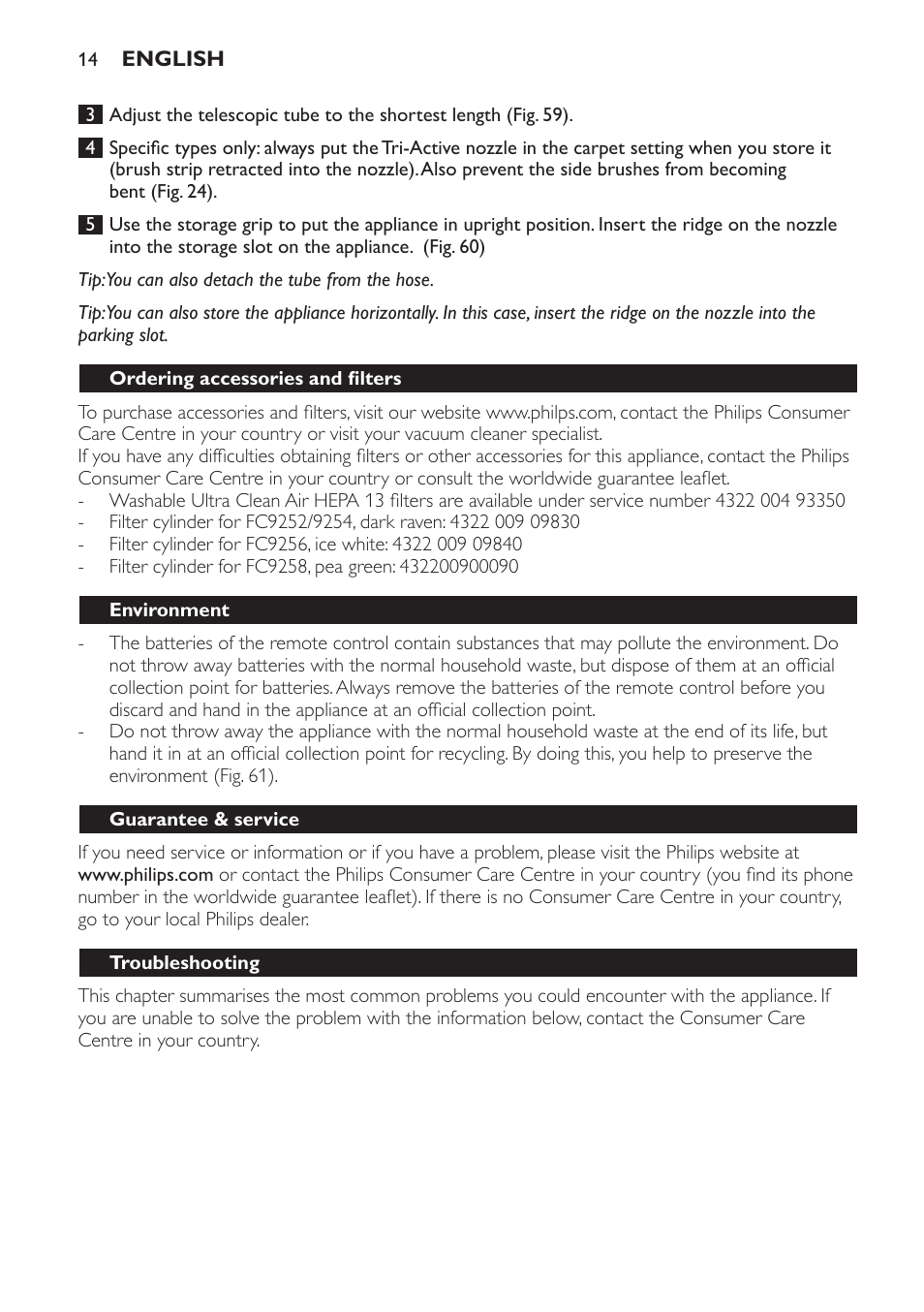 Ordering accessories and filters, Environment, Guarantee & service | Troubleshooting | Philips FC9252 User Manual | Page 14 / 180