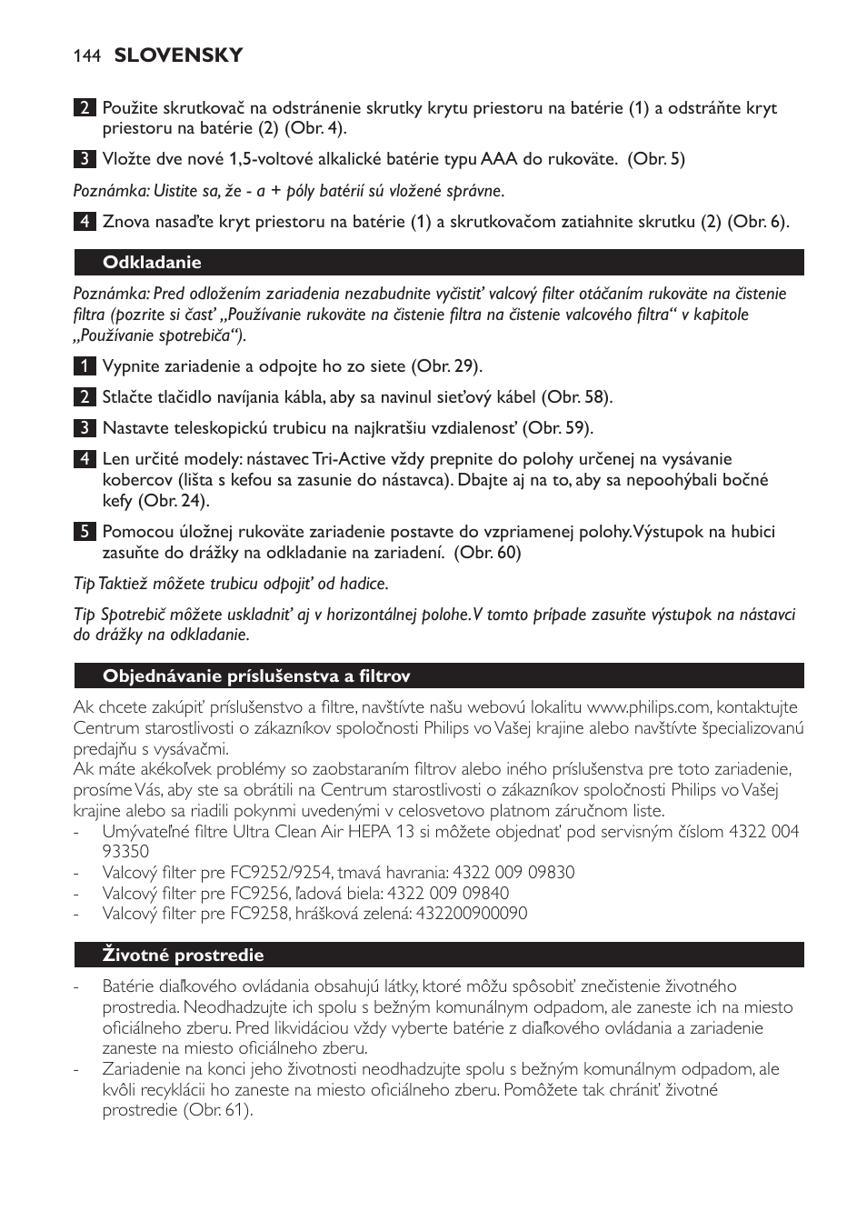 Odkladanie, Objednávanie príslušenstva a filtrov, Životné prostredie | Philips FC9252 User Manual | Page 144 / 180