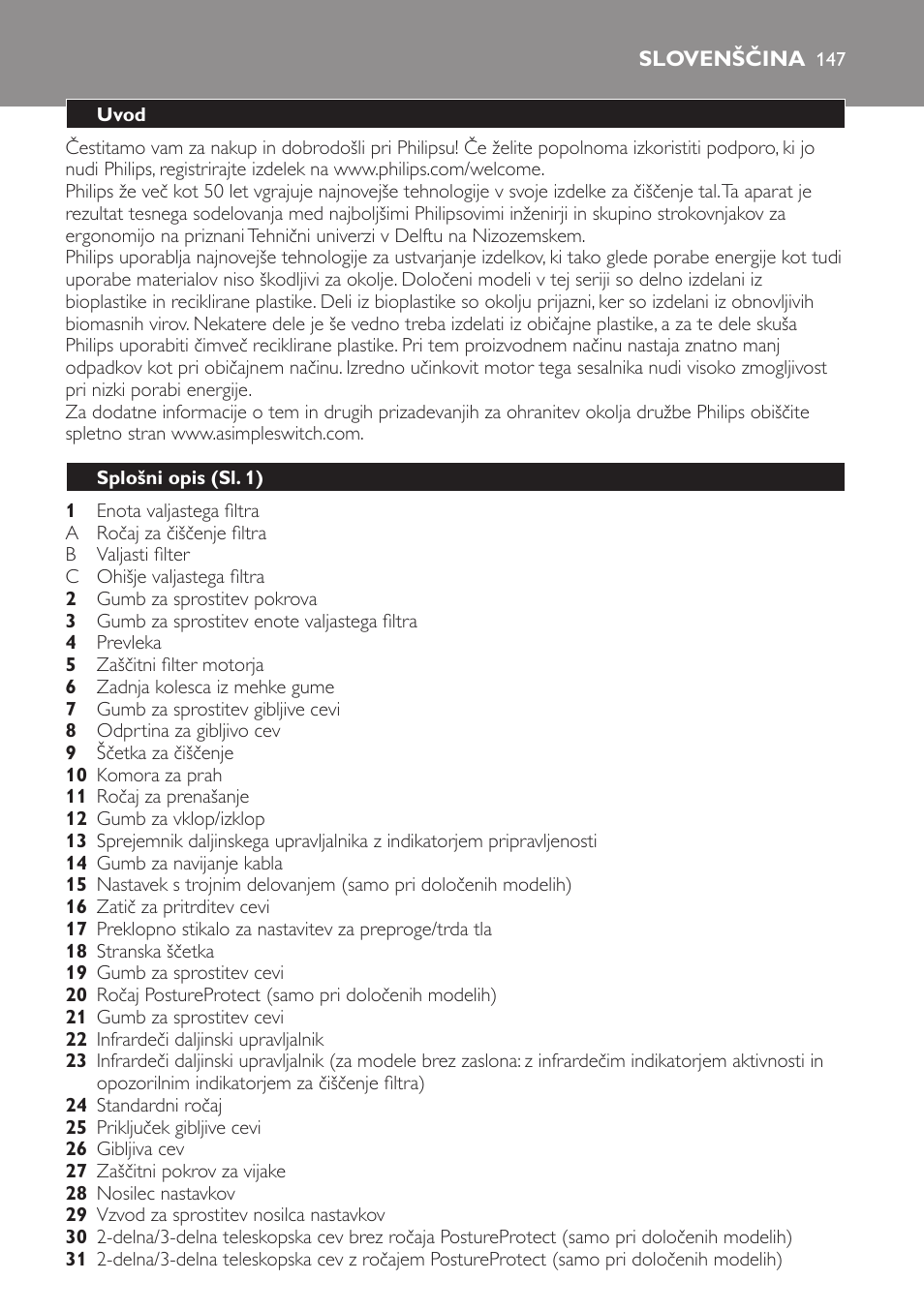 Slovenščina, Uvod, Splošni opis (sl. 1) | Philips FC9252 User Manual | Page 147 / 180