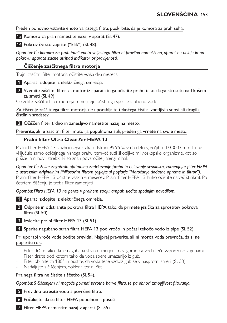 Čiščenje zaščitnega filtra motorja, Pralni filter ultra clean air hepa 13 | Philips FC9252 User Manual | Page 153 / 180