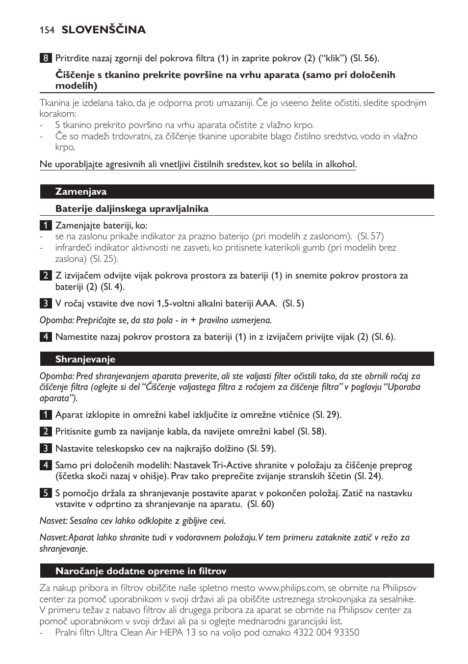 Zamenjava, Baterije daljinskega upravljalnika, Shranjevanje | Naročanje dodatne opreme in filtrov | Philips FC9252 User Manual | Page 154 / 180