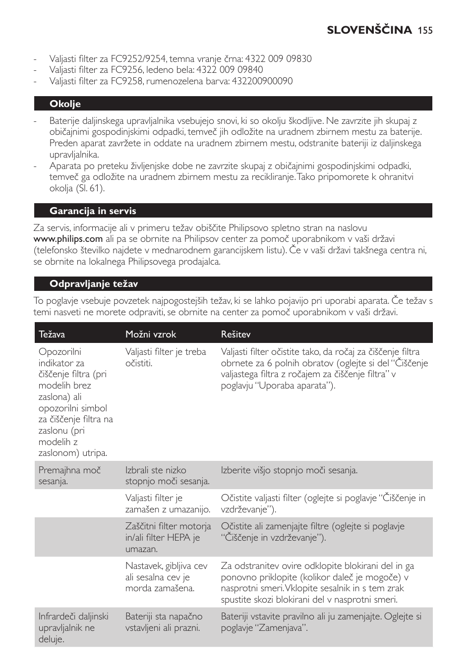 Okolje, Garancija in servis, Odpravljanje težav | Philips FC9252 User Manual | Page 155 / 180