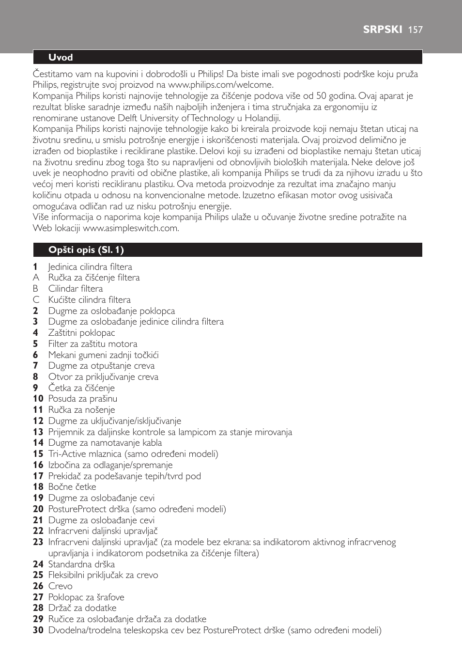 Srpski, Uvod, Opšti opis (sl. 1) | Philips FC9252 User Manual | Page 157 / 180