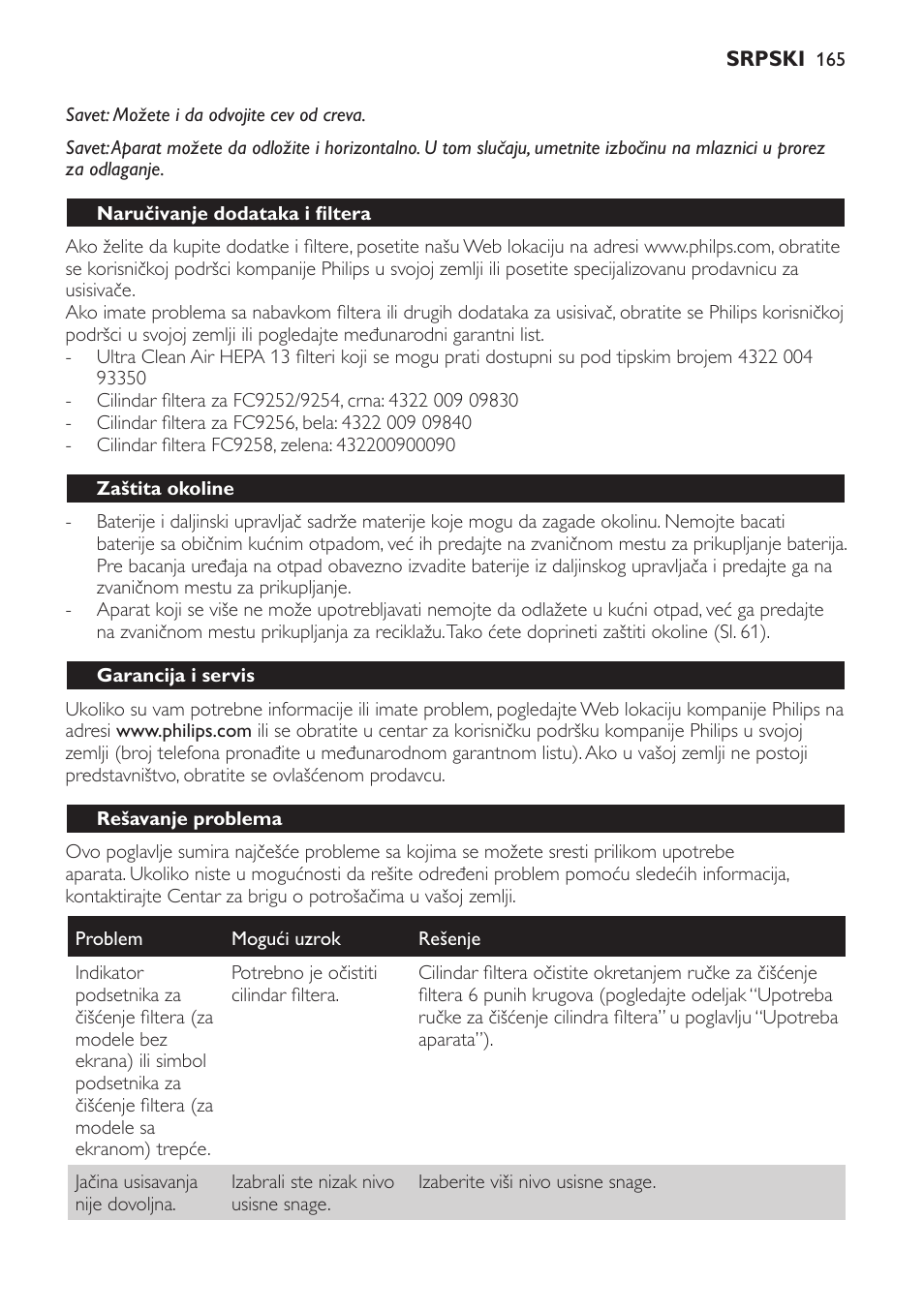Naručivanje dodataka i filtera, Zaštita okoline, Garancija i servis | Rešavanje problema | Philips FC9252 User Manual | Page 165 / 180