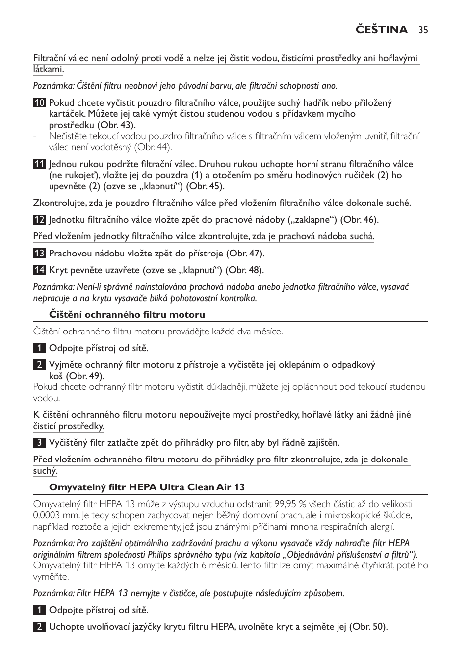 Čištění ochranného filtru motoru, Omyvatelný filtr hepa ultra clean air 13 | Philips FC9252 User Manual | Page 35 / 180