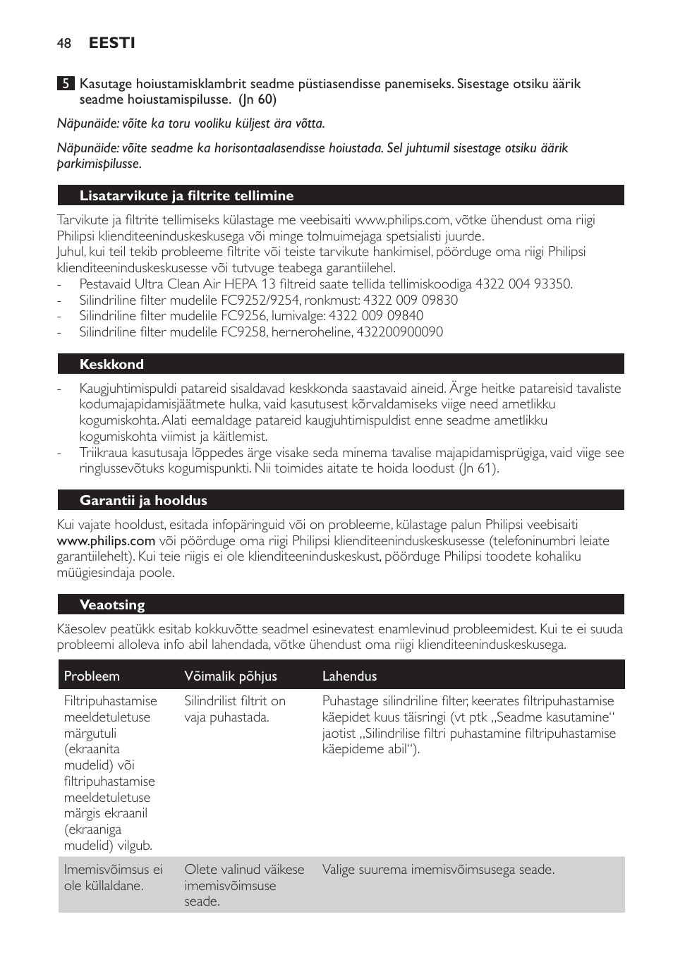 Lisatarvikute ja filtrite tellimine, Keskkond, Garantii ja hooldus | Veaotsing | Philips FC9252 User Manual | Page 48 / 180