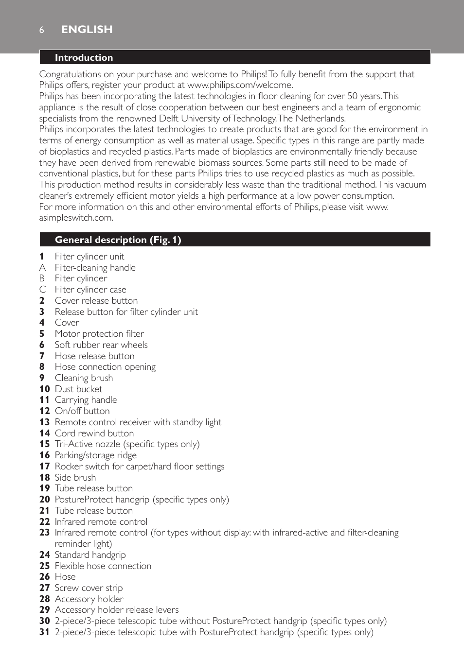 English, Introduction, General description (fig. 1) | Philips FC9252 User Manual | Page 6 / 180