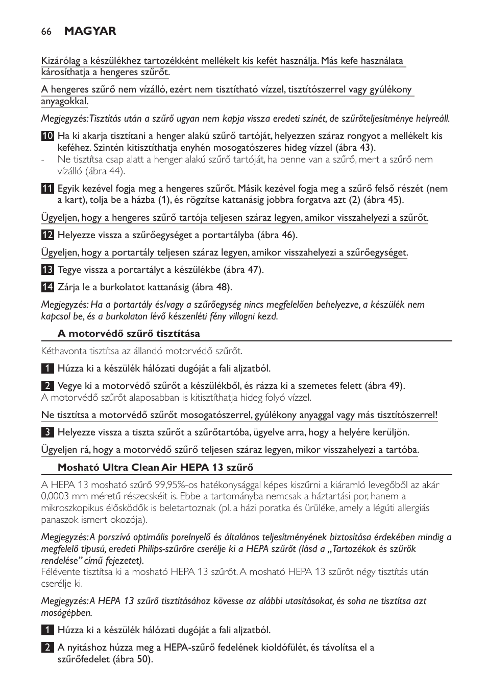 A motorvédő szűrő tisztítása, Mosható ultra clean air hepa 13 szűrő | Philips FC9252 User Manual | Page 66 / 180