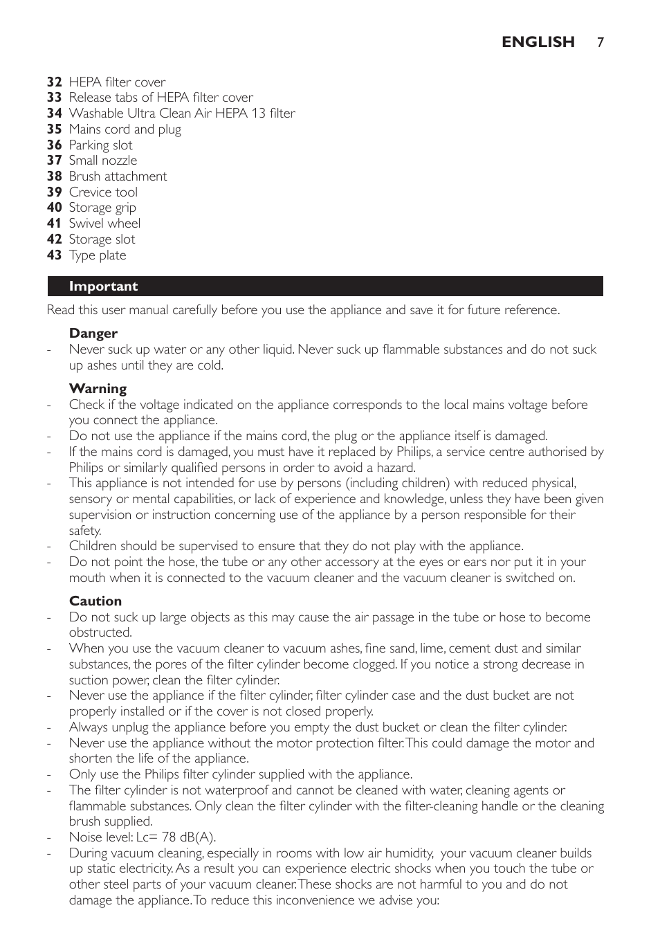 Important, Danger, Warning | Caution | Philips FC9252 User Manual | Page 7 / 180
