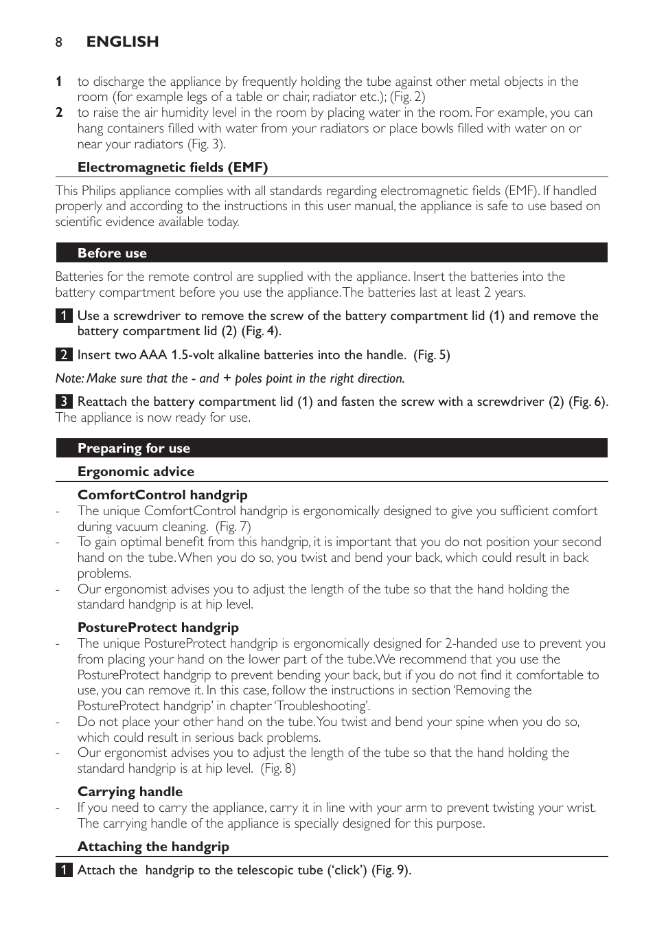 Electromagnetic fields (emf), Before use, Preparing for use | Ergonomic advice, Comfortcontrol handgrip, Postureprotect handgrip, Carrying handle, Attaching the handgrip | Philips FC9252 User Manual | Page 8 / 180