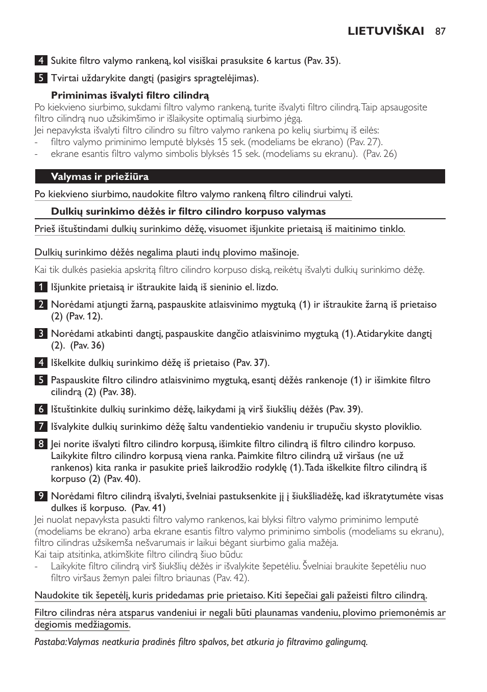 Priminimas išvalyti filtro cilindrą, Valymas ir priežiūra | Philips FC9252 User Manual | Page 87 / 180