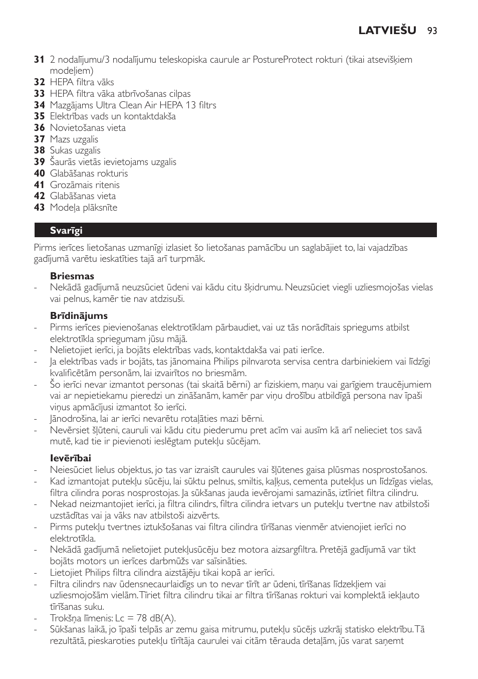 Briesmas, Brīdinājums, Ievērībai | Svarīgi | Philips FC9252 User Manual | Page 93 / 180