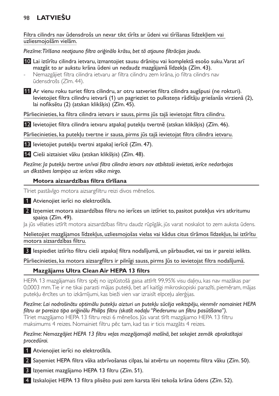 Motora aizsardzības filtra tīrīšana, Mazgājams ultra clean air hepa 13 filtrs | Philips FC9252 User Manual | Page 98 / 180